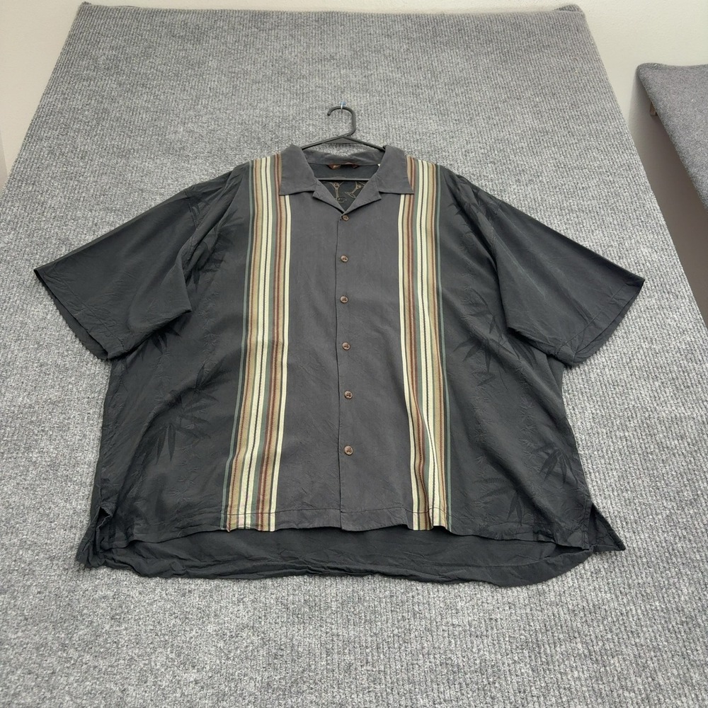 Tommy Bahama Shirt Mens XXL Black Silk Striped Short Sleeve Camp Aloha Tropical